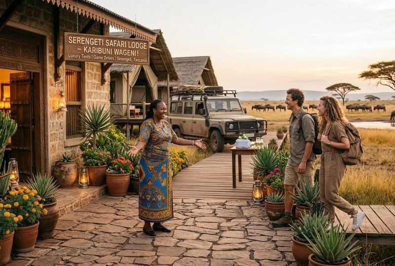 Local business owner welcoming visitors at an African tourism destination.