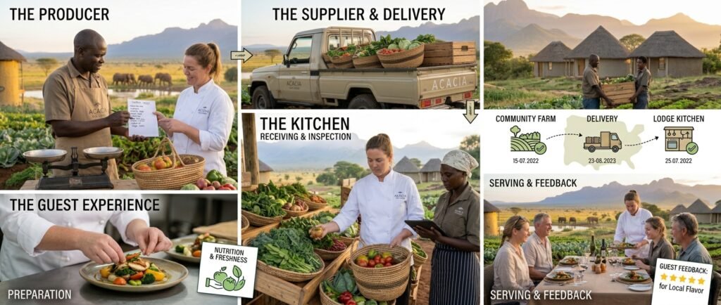 Hotel manager reviewing local food procurement and sustainable hospitality performance indicators.