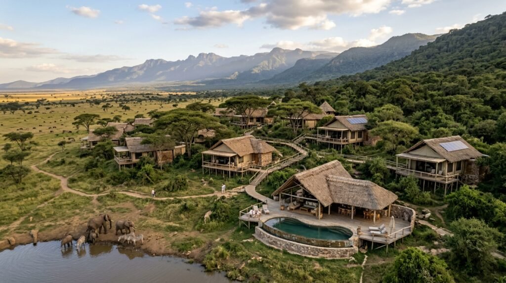 Sustainable tourism lodge in an African natural landscape.