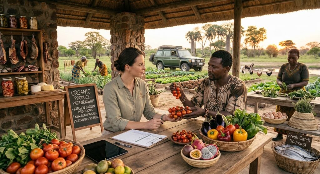 Hospitality representative discussing a produce delivery with a local supplier in Africa.