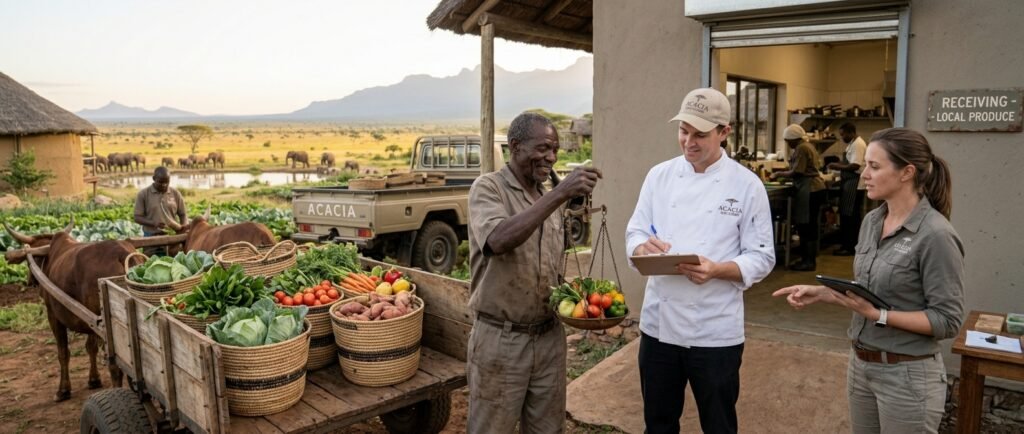 Local food producer supplying fresh vegetables to a hotel kitchen in Africa.